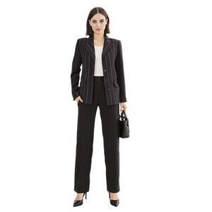 Anne Klein Black Pantsuit with Brown & White Pinstripes Size Blazer 8P Pants 6P